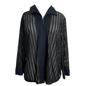 Croft & Barrow Womens Overshirt Blouse Black Stripe Semis Sheer Shacket Full Zip